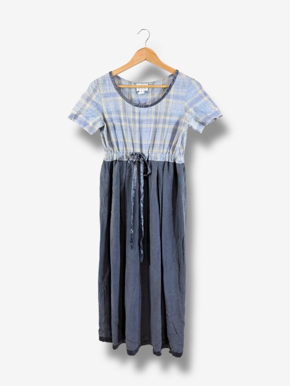 Vintage Expo Petite Dress Size 8 Blue Plaid Drawstring Waist Cottage Prairie